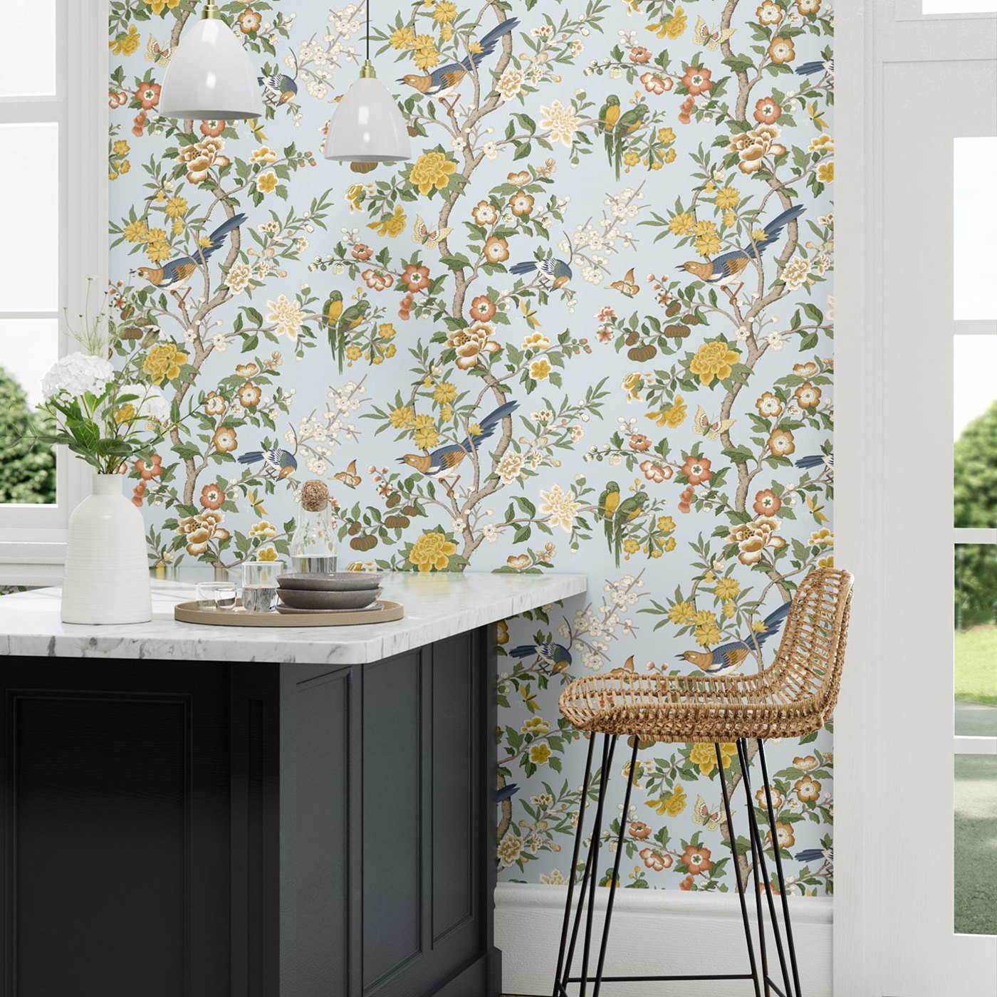 Chinoiserie Hall Wallpaper - Dawn Blue/Persimmon - DWAW217112 - Sanderson