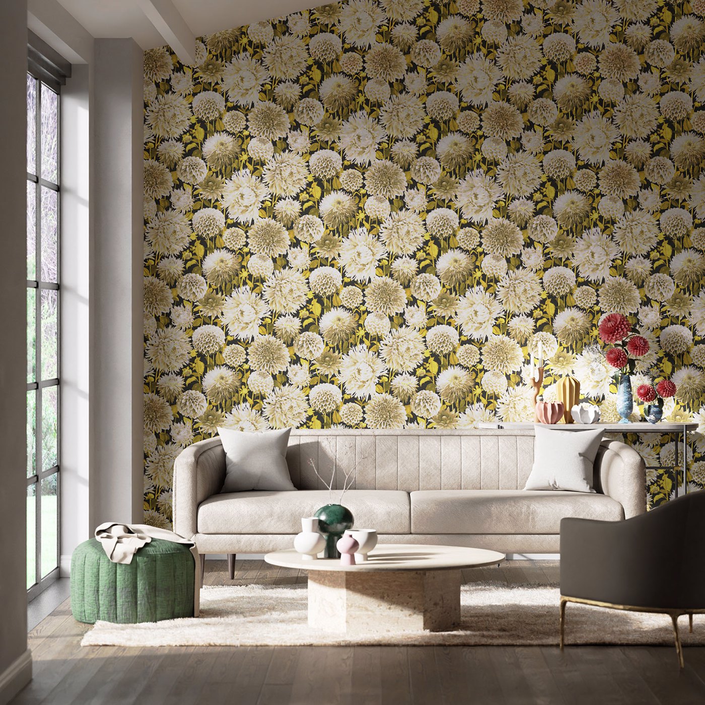 Dahlia Wallpaper - Fig Blossom/Nectar/Black Earth - HQN2112846 - Harlequin