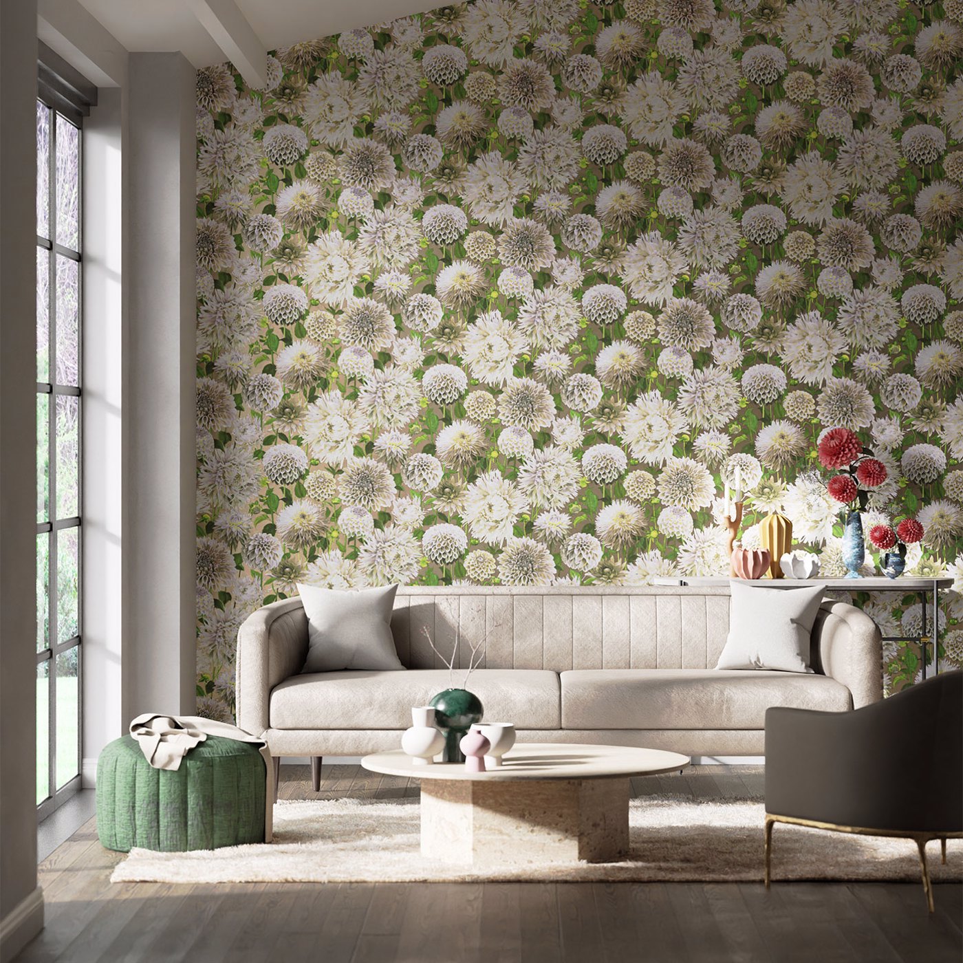 Dahlia Wallpaper - Sail Cloth/Meadow/Gilver - HQN2112844 - Harlequin