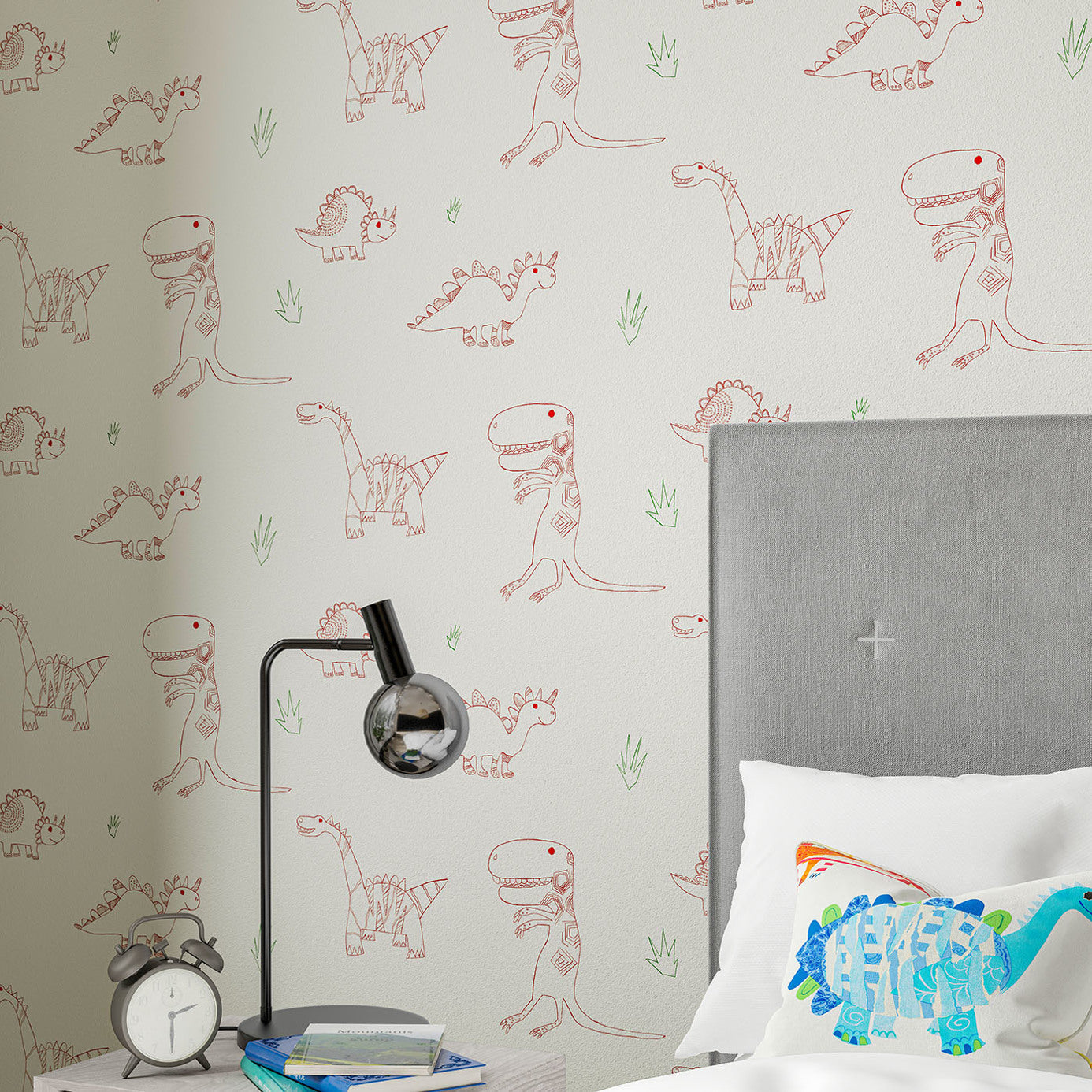 Jolly Jurassic Wallpaper - Strawberry Emerald & Neutral - HLTF112654 - Harlequin