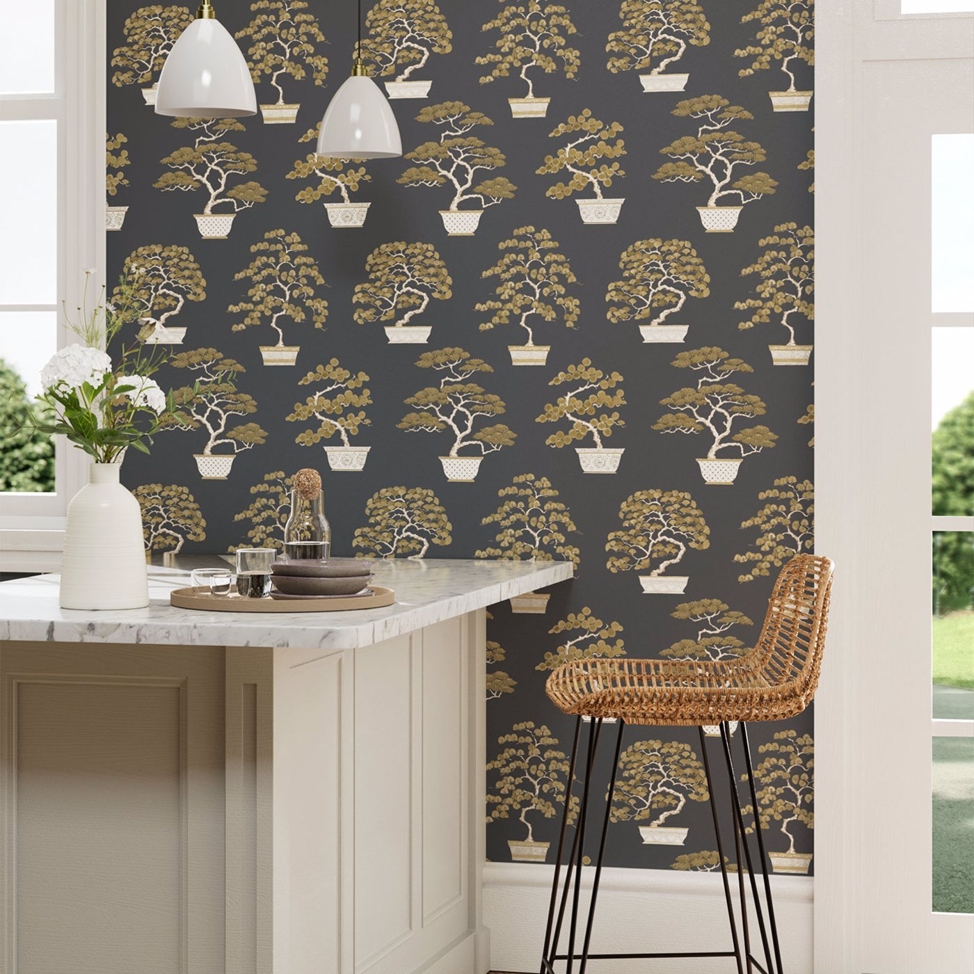 Penjing Wallpaper - Ink Black/Gold - DWAW217109 - Sanderson