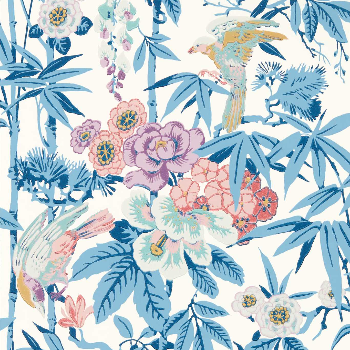 Bamboo & Birds Wallpaper - China Blue /Lotus Pink - DWAW217129 - Sanderson