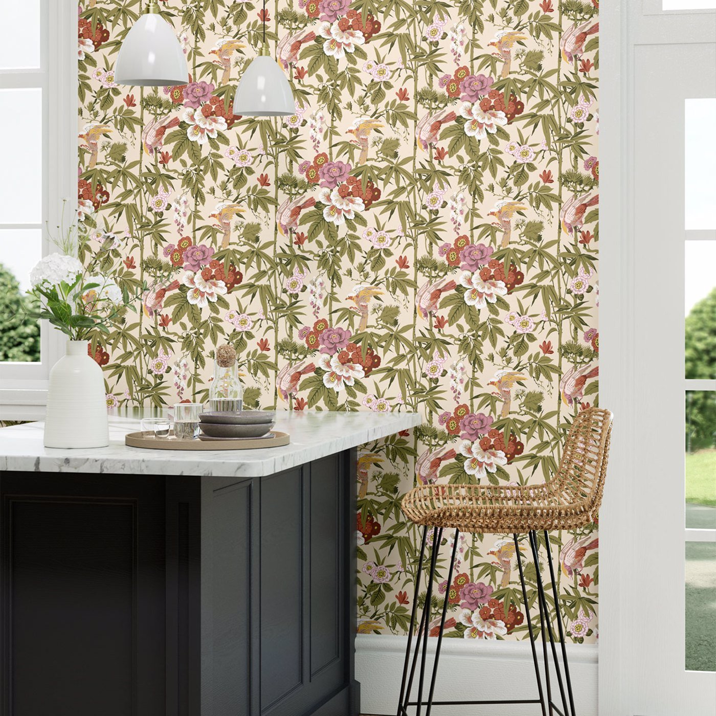 Bamboo & Birds Wallpaper - Mandarin Red/Olive - DWAW217128 - Sanderson