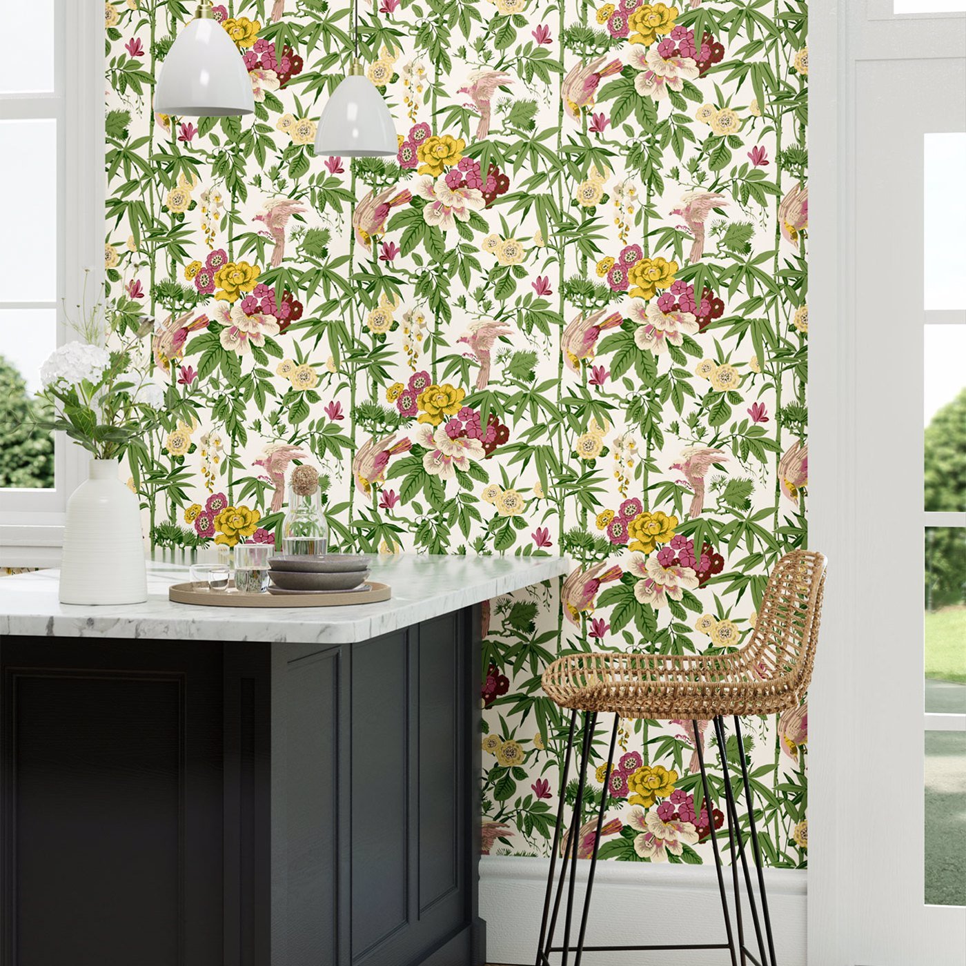 Bamboo & Birds Wallpaper - Scallion Green - DWAW217130 - Sanderson
