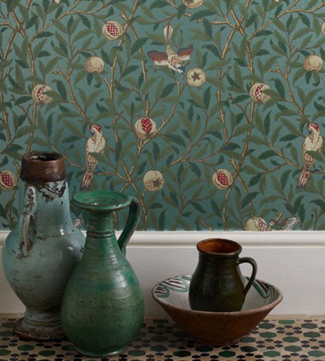 Bird & Pomegranate Wallpaper - Turquoise/Coral - 212538 - Morris & Co