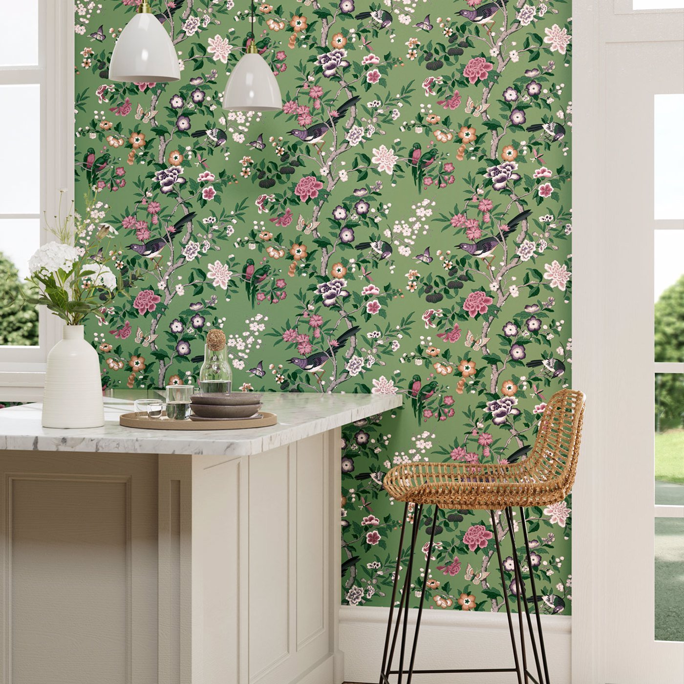 Chinoiserie Hall Wallpaper - Chinese Green/Lotus Pink - DWAW217110 - Sanderson