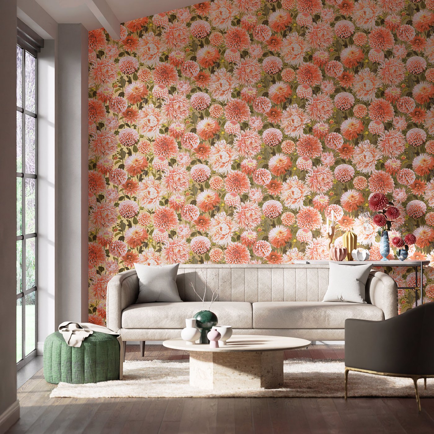 Dahlia Wallpaper - Coral/Fig Leaf/Gilver - HQN2112845 - Harlequin