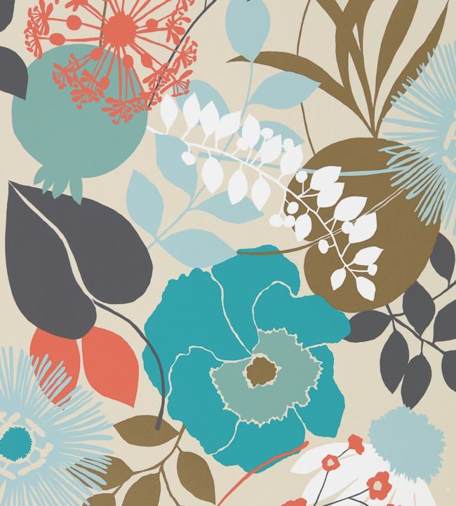 Doyenne Wallpaper - Sky/Olive/Coral - HSTO111493 - Harlequin