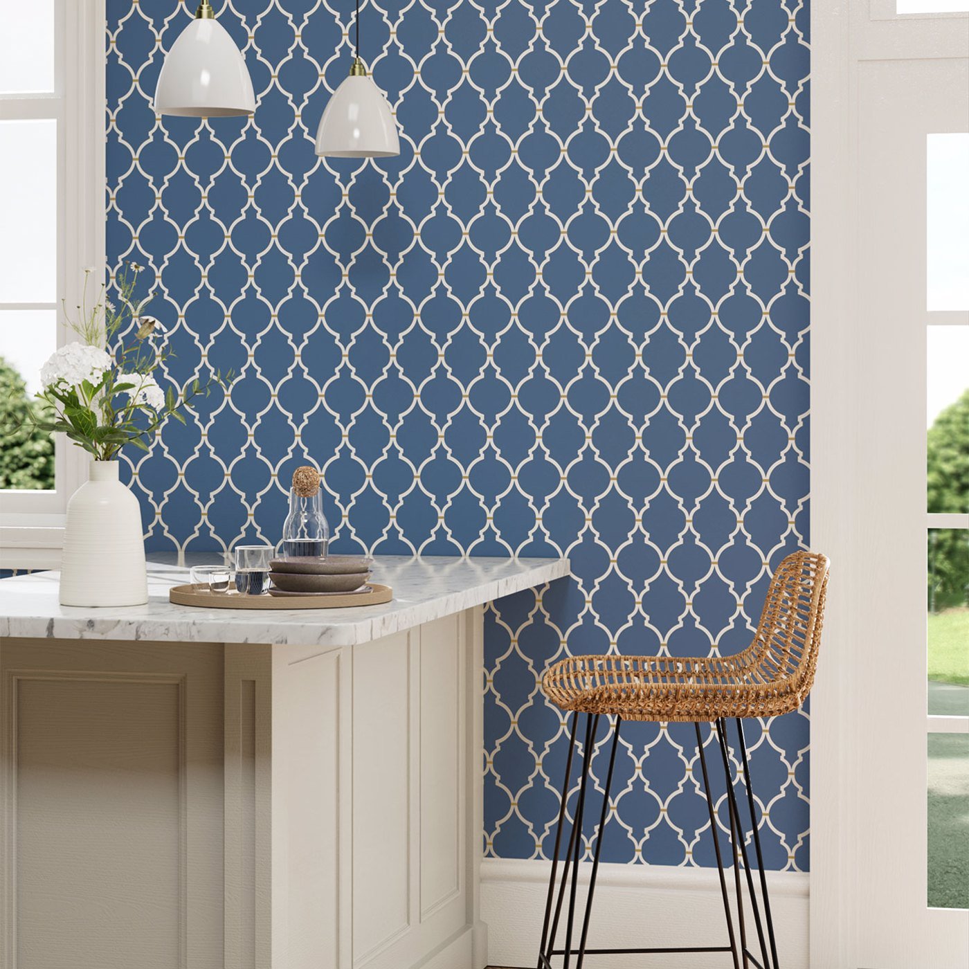 Empire Trellis Wallpaper - Indigo/Linen - DART216338 - Sanderson