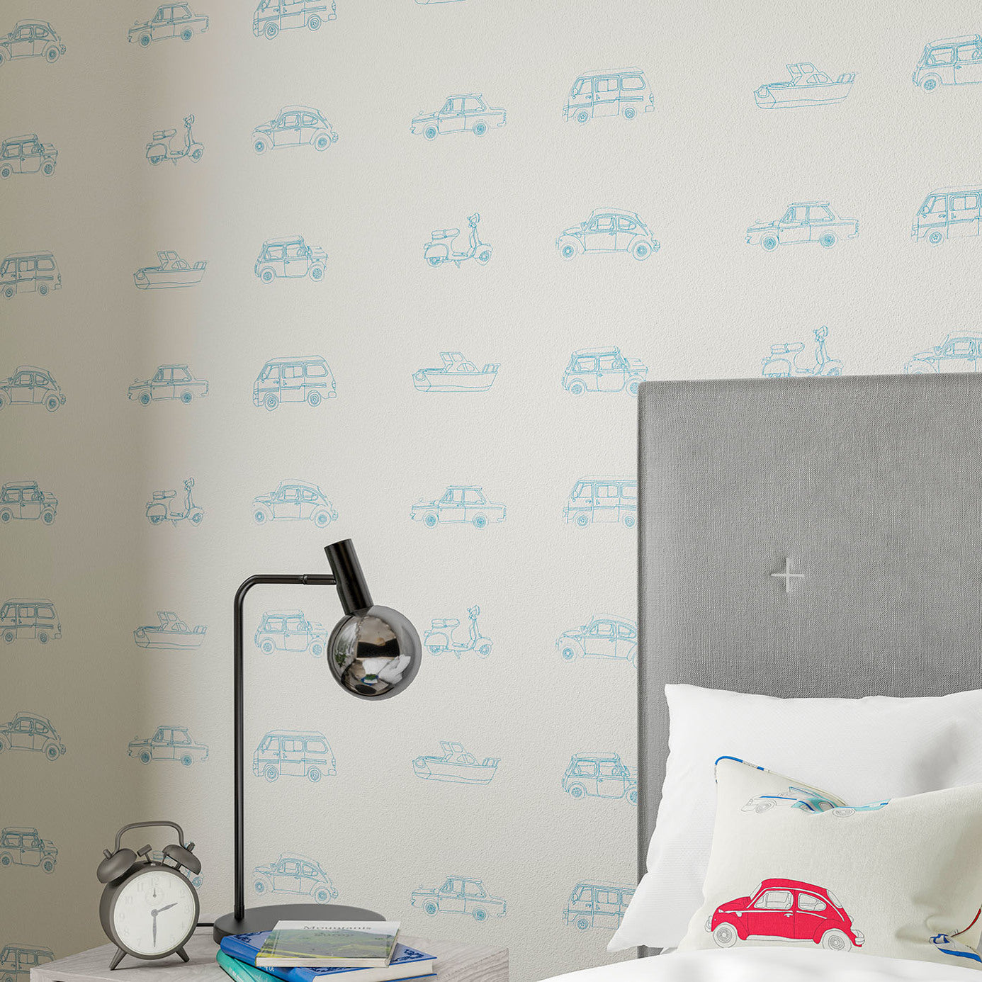 Go Go Retro Wallpaper - Aqua & White - HLTF112652 - Harlequin