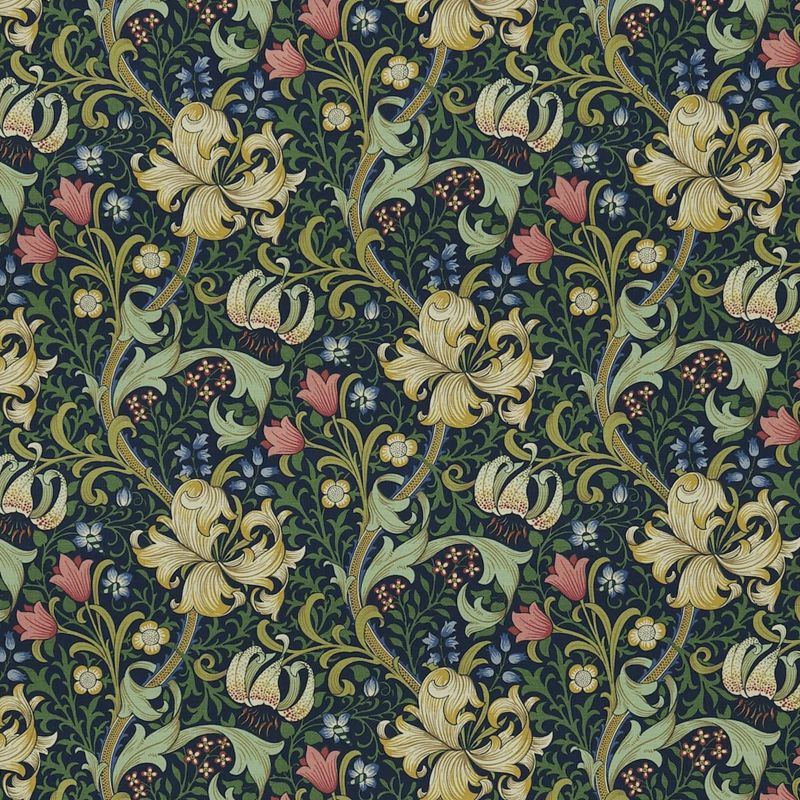Golden Lily Fabric - Midnight/Green - DMC1G3202 - Morris & Co