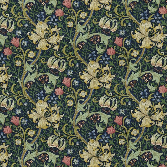 Golden Lily Fabric - Midnight/Green - DMC1G3202 - Morris & Co