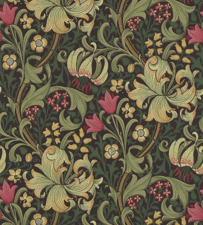 Golden Lily Wallpaper - Charcoal/Olive - 210403 - Morris & Co