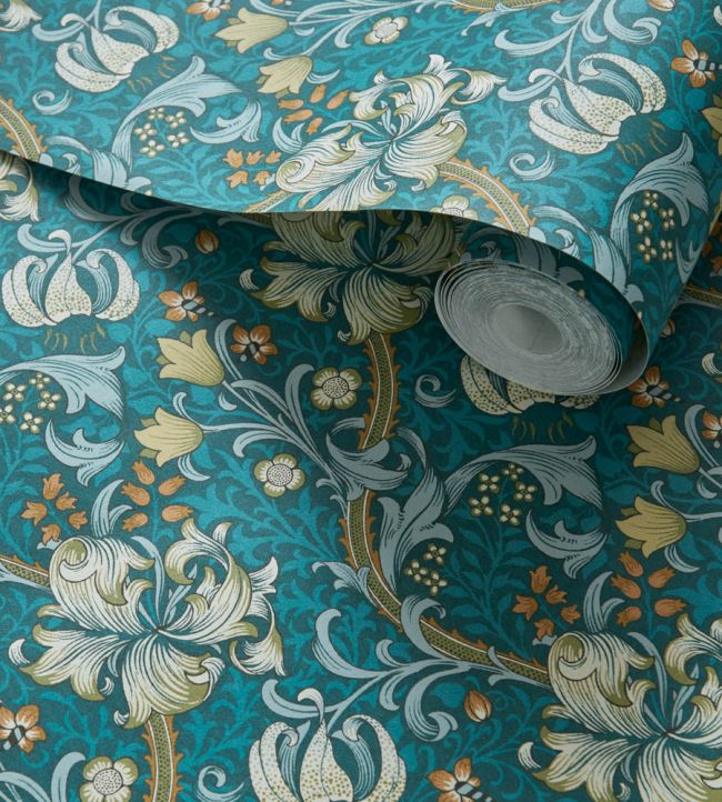 Golden Lily Wallpaper - Teal - W0174/03 - Clarke & Clarke