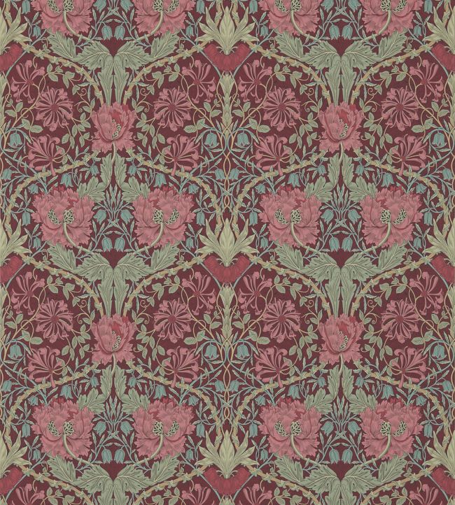 Honeysuckle & Tulip Wallpaper - Burgundy/Sage - 214703 - Morris & Co