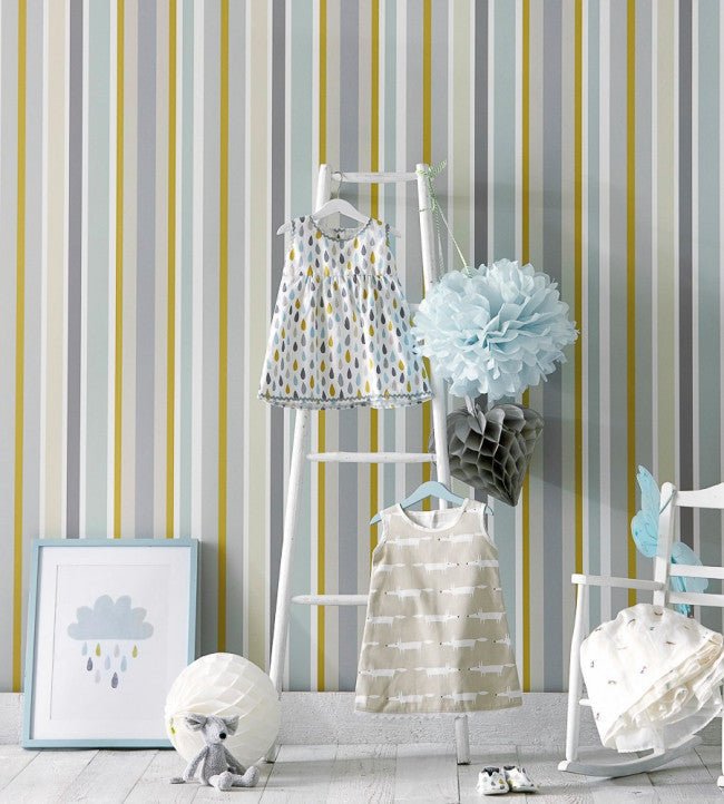 Jelly Tot Stripe Wallpaper - Slate / Biscuit / Maize - NSCK111262 - Scion