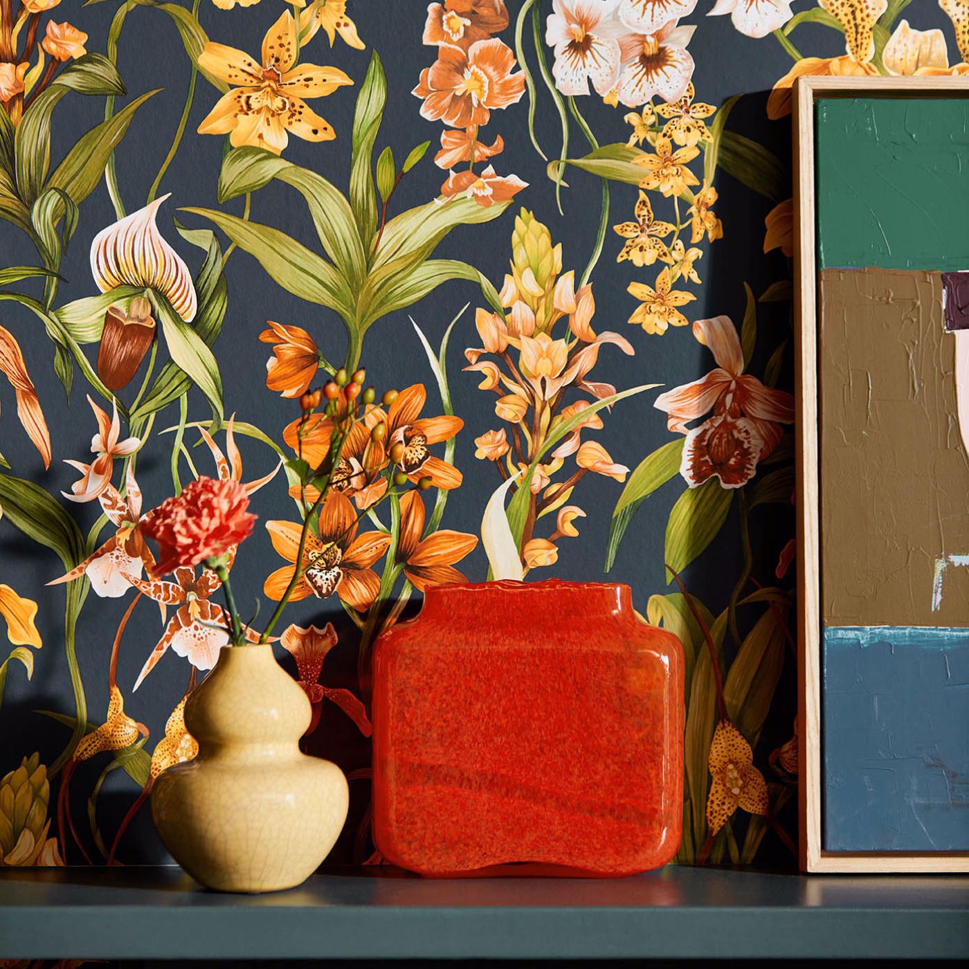 Kalina Wallpaper - Midnight/Baked Terracotta/Nectar - HC4W113010 - Harlequin