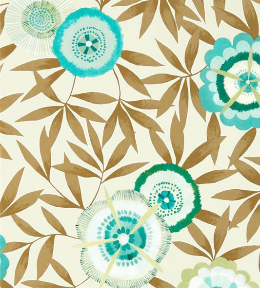 Komovi Wallpaper - Lagoon/Gold - HSAW112159 - Harlequin