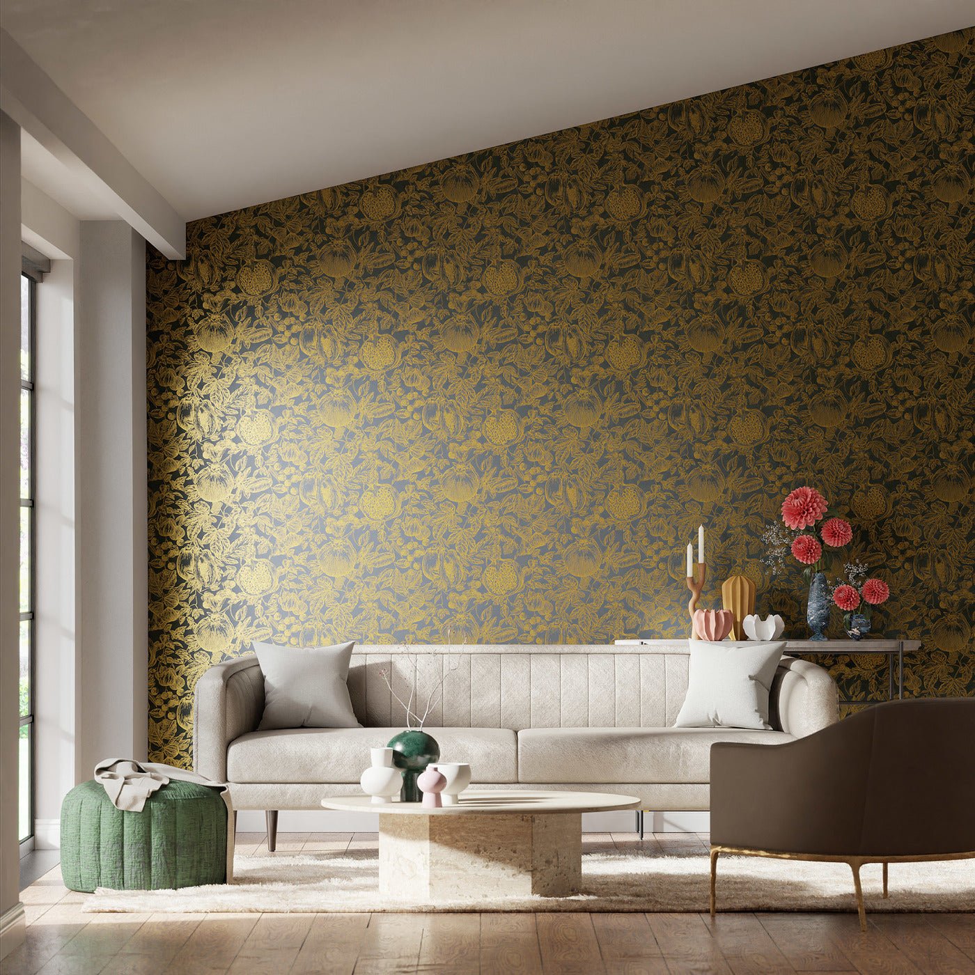 Melograno Wallpaper - Gold/Wild Water - HQN3112926 - Harlequin