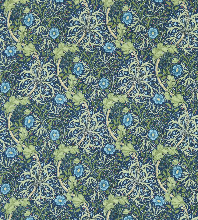 Morris Seaweed Fabric - Cobalt/Thyme - 224472 - Morris & Co