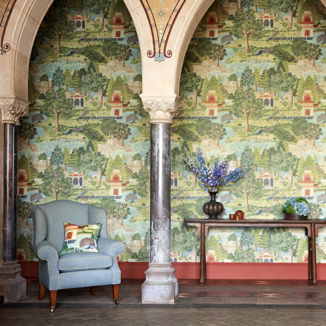 Peacock Garden Wallpaper - Green/Coral - ZJAI311743 - Zoffany