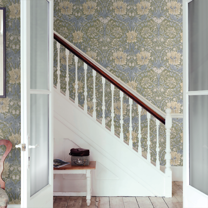 Pure Honeysuckle & Tulip Wallpaper - Olive / Woad - 217387 - Morris Wallpaper WD