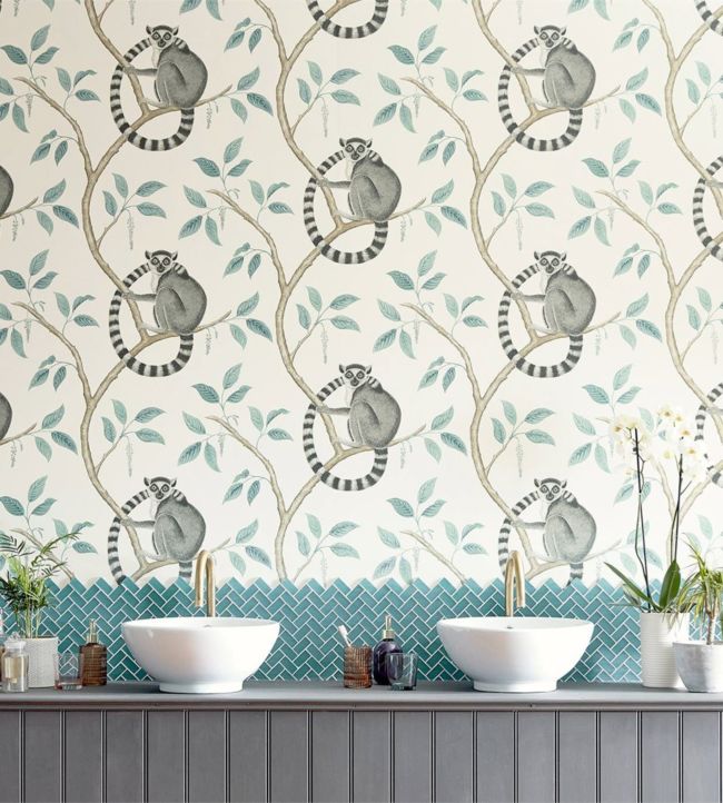 Ringtailed Lemur Wallpaper - Stone/Eucalyptus - DGLW216665 - Sanderson