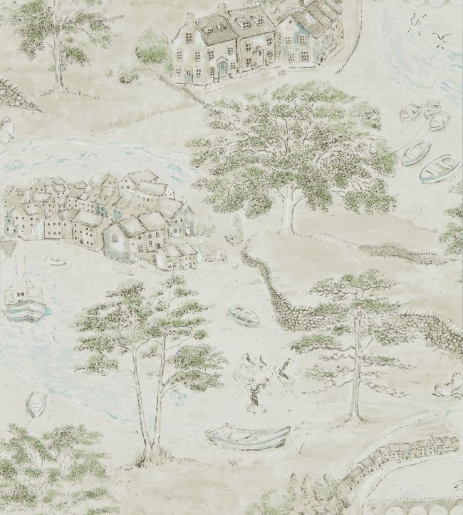 Sea Houses Wallpaper - Green/Sand - DEBB216490 - Sanderson