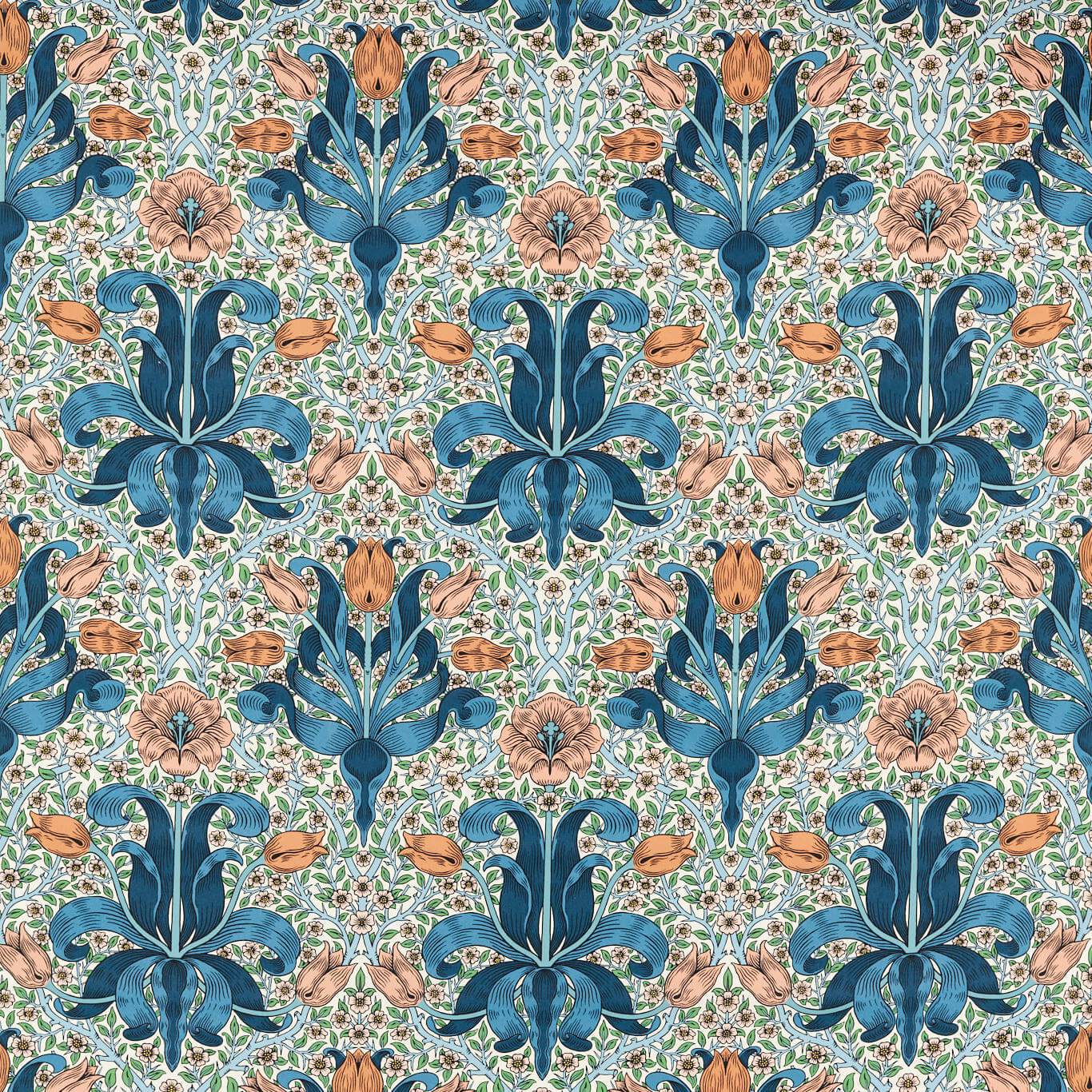 Spring Thicket Fabric - Paradise Blue/Peach - 227207 - Morris & Co