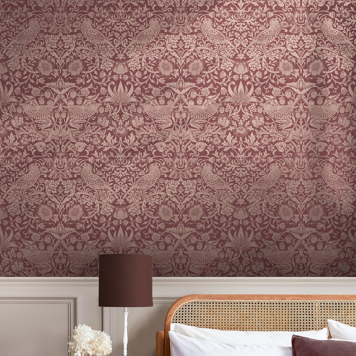 Strawberry Thief Fibrous Wallpaper - Burgundy - 124235 - William Morris AH