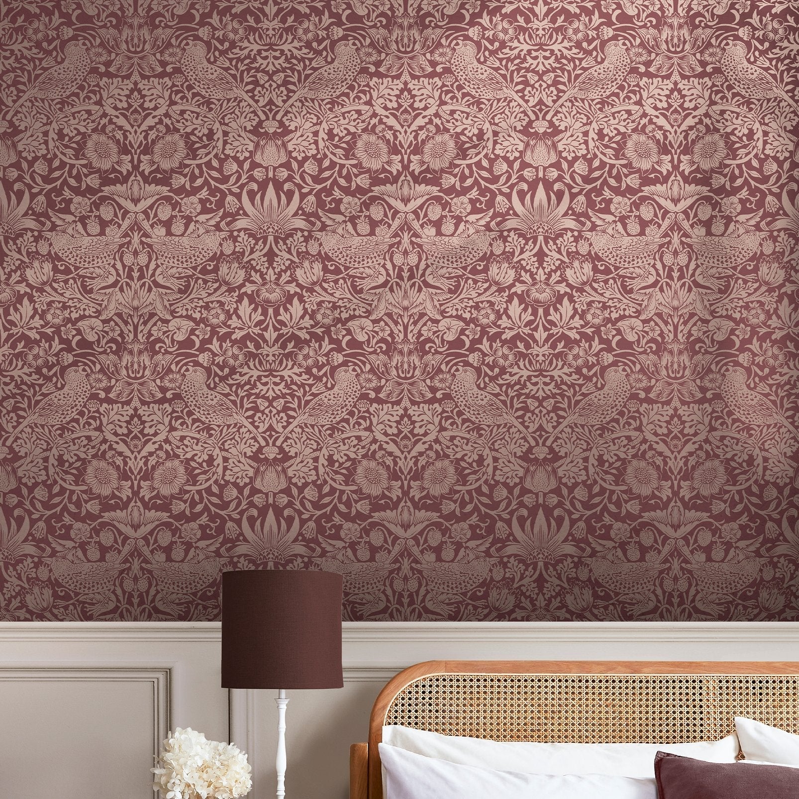 Strawberry Thief Fibrous Wallpaper - Burgundy - 124235 - William Morris AH