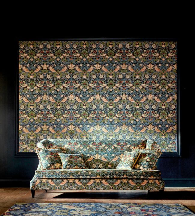 Strawberry Thief Velvet Fabric - Indigo/Thyme - 236932 - Morris & Co