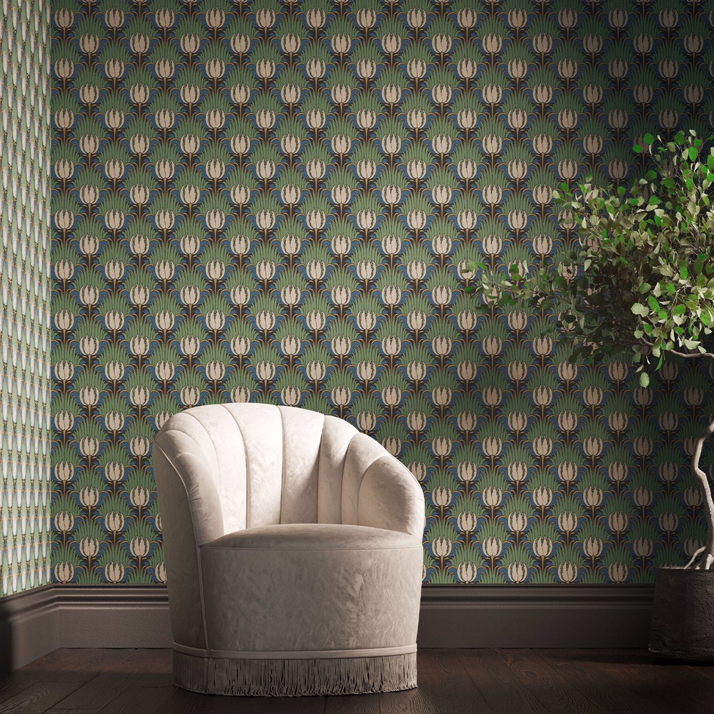 Tulip & Bird Wallpaper - Goblin Green & Raven - 510016 - Morris & Co