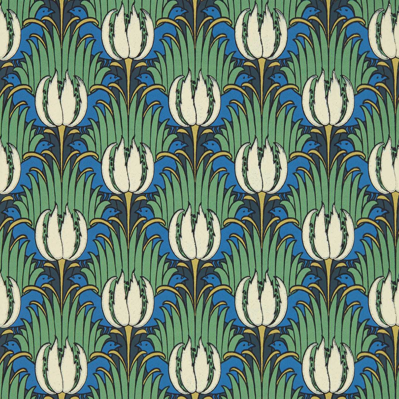 Tulip & Bird Wallpaper - Goblin Green & Raven - 510016 - Morris & Co
