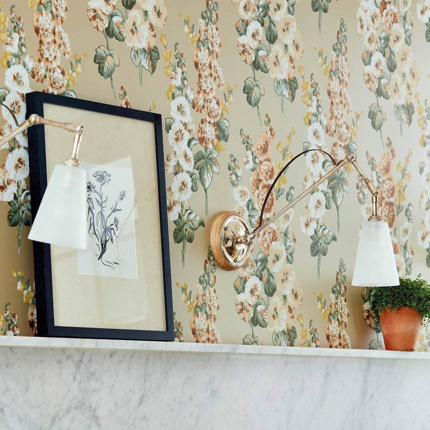 Hollyhocks Wallpaper - Gold Metallic/Tan - DOSW217034 - Sanderson