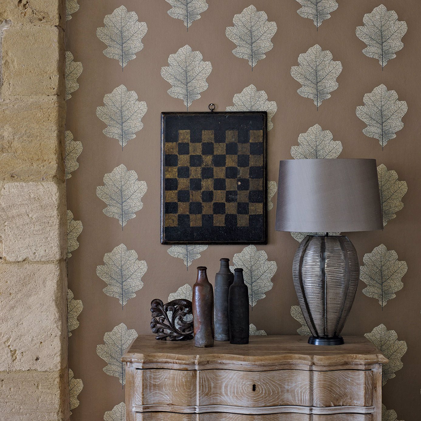 Oak Filigree Wallpaper - Stone/Gilver - Sanderson - DWOW215698