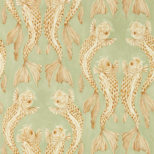 Voyaging Koi Wallpaper - Oriental Green/Honey - DWAW217114 - Sanderson